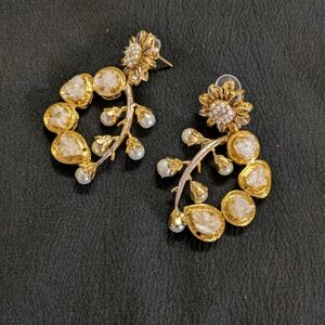 Gold and White Floral Dangle Earrings